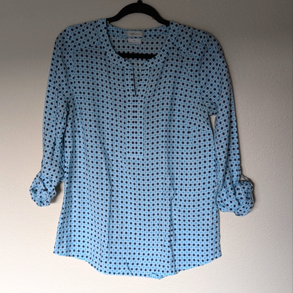 NWOT Van Heusen Blue and Black Button Down Blouse Size M